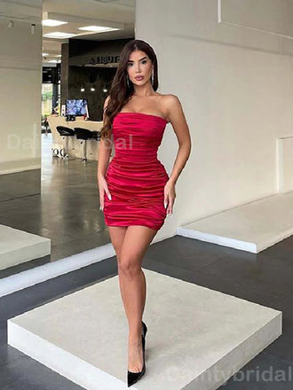 Elegant Straight Neck Mermaid Red Satin Short Homecoming Dresses Online, HD0679