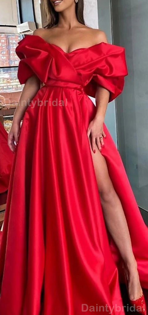 Gorgeous A-line Off Shoulder Side Slit Satin Red Long Evening Prom Dress Online, OL077