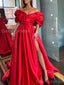 Gorgeous A-line Off Shoulder Side Slit Satin Red Long Evening Prom Dress Online, OL077