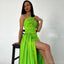 Elegant One Shoulder Side Slit Mermaid Satin Lime Green Long Bridesmaid Dresses Online, BG757