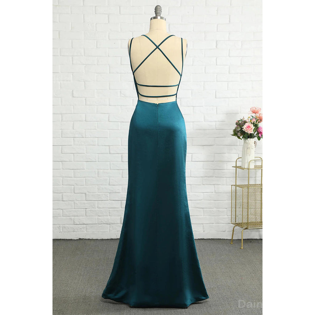 Elegant Spaghetti Straps Mermaid V-neck Satin Jade Long Bridesmaid Dresses Online, BG752