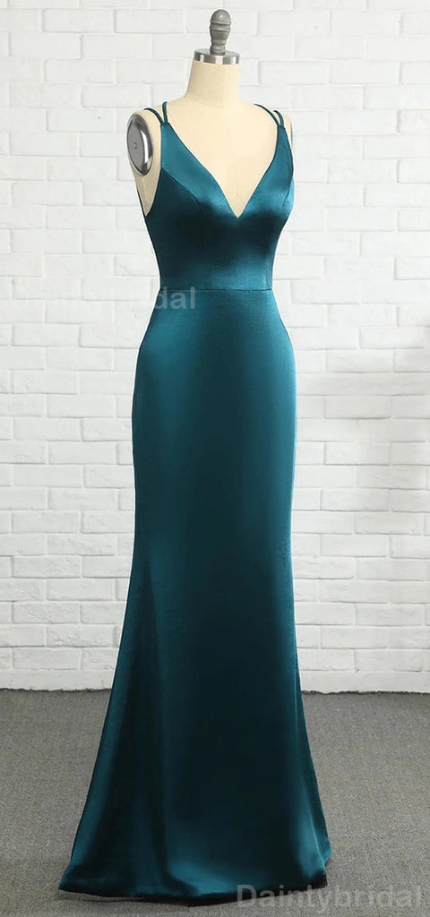 Elegant Spaghetti Straps Mermaid V-neck Satin Jade Long Bridesmaid Dresses Online, BG752