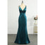 Elegant Spaghetti Straps Mermaid V-neck Satin Jade Long Bridesmaid Dresses Online, BG752