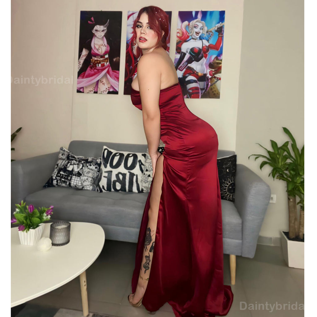 Sexy One Shoulder Mermaid Satin Side Slit Burgundy Long Bridesmaid Dresses Online, BG775