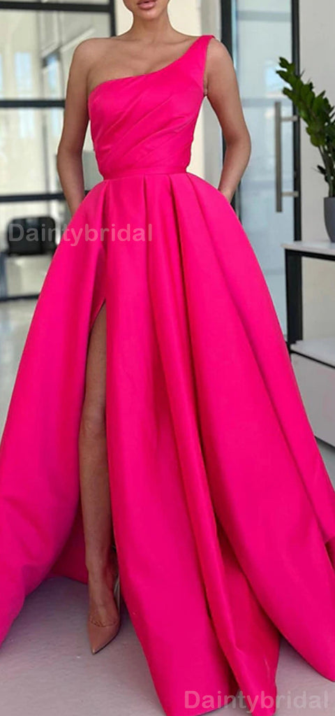 Elegant One Shoulder Sleeveless A-line Side Slit Evening Prom Dress Online, OL053