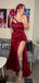 Sexy One Shoulder Mermaid Satin Side Slit Burgundy Long Bridesmaid Dresses Online, BG775