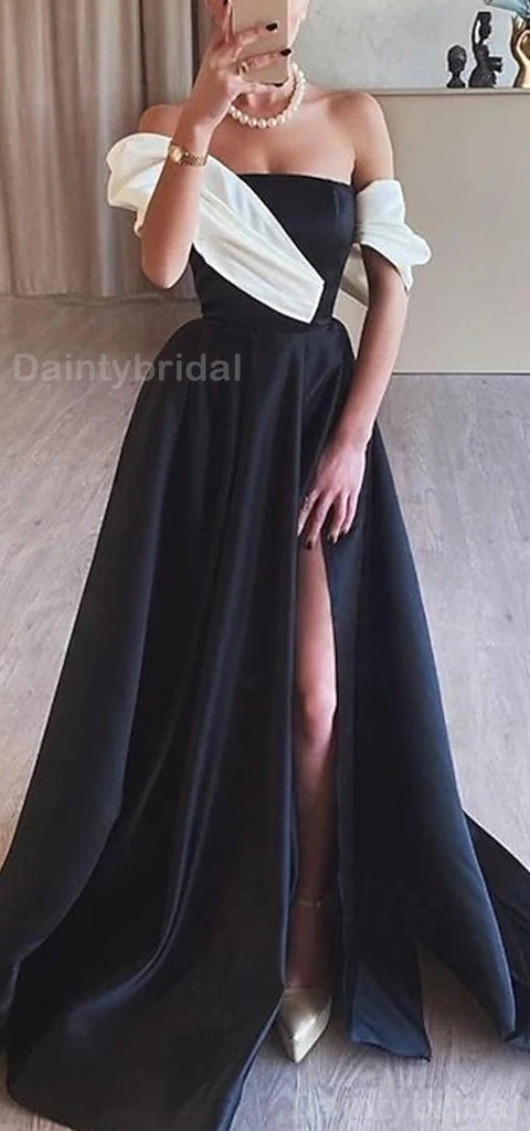 Gorgeous Off Shoulder A-line Side Slit Satin Long Evening Prom Dress Online, OL088