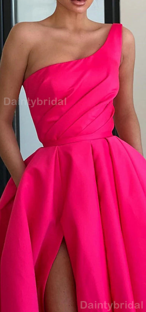 Elegant One Shoulder Sleeveless A-line Side Slit Evening Prom Dress Online, OL053