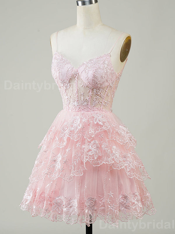 Elegant Spaghetti Straps A-line Tulle Applique Blush Short Homecoming Dresses Online, HD0704