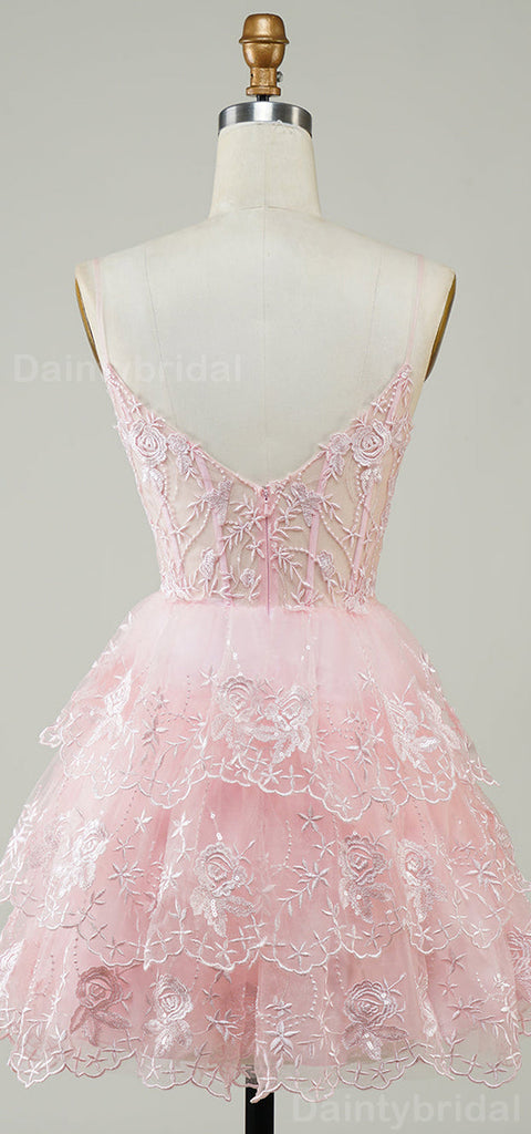 Elegant Spaghetti Straps A-line Tulle Applique Blush Short Homecoming Dresses Online, HD0704