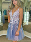 Elegant Spaghetti Straps V-neck Backless A-line Tulle Short Homecoming Dresses Online, HD0688