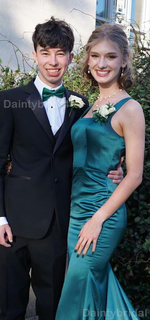 Elegant Square Neck Mermaid Satin Emerald Long Bridesmaid Dresses Online, BG730