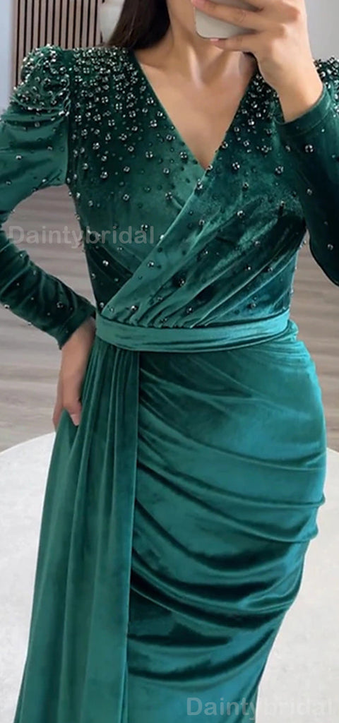 Elegant Long Sleeves Mermaid V-neck Velvet Evening Prom Dress Online, OL054