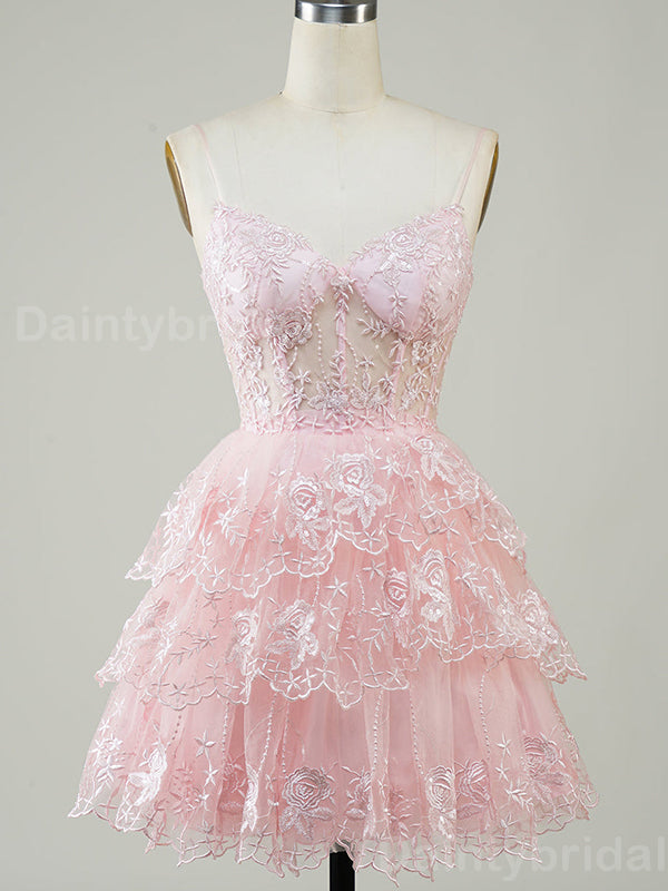 Elegant Spaghetti Straps A-line Tulle Applique Blush Short Homecoming Dresses Online, HD0704