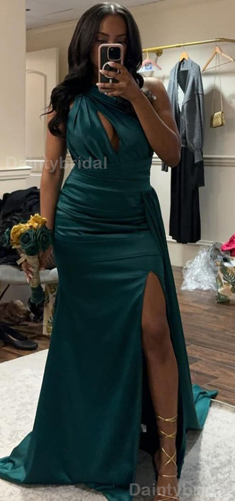 Elegant One Shoulder Mermaid Side Slit Satin Dark Green Long Bridesmaid Dresses Online, BG731