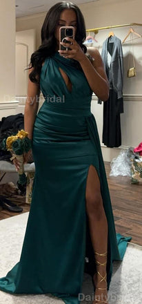 Elegant One Shoulder Mermaid Side Slit Satin Dark Green Long Bridesmaid Dresses Online, BG731