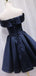 Elegant Off Shoulder A-line Satin Dark Navy Short Homecoming Dresses Online, HD0668