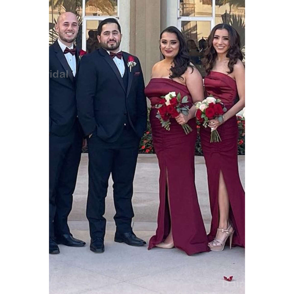 Elegant Straight Neck Mermaid Side Slit Burgundy Satin Long Bridesmaid Dresses Online, BG754