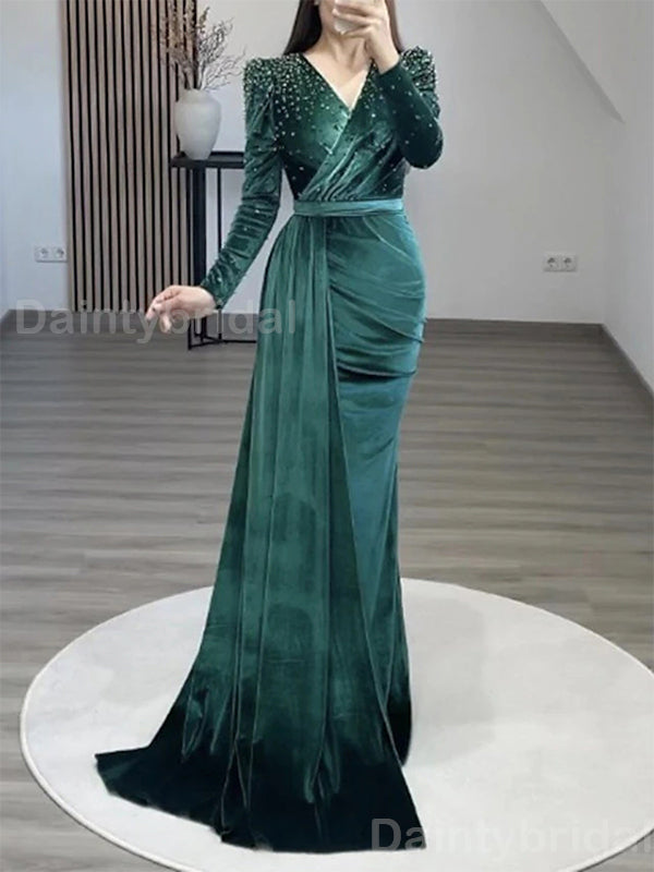 Elegant Long Sleeves Mermaid V-neck Velvet Evening Prom Dress Online, OL054