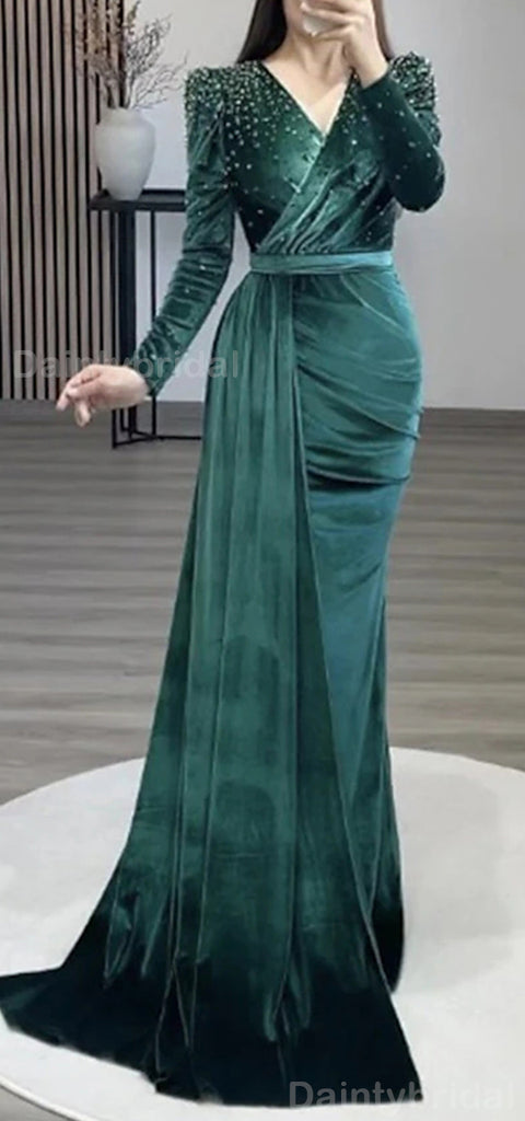 Elegant Long Sleeves Mermaid V-neck Velvet Evening Prom Dress Online, OL054