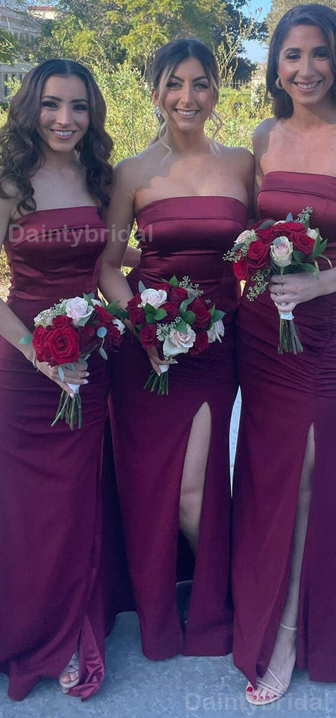 Elegant Straight Neck Mermaid Side Slit Burgundy Satin Long Bridesmaid Dresses Online, BG754