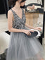 Sparkly V-neck A-line Sequins Tulle Grey Short Homecoming Dresses Online, HD0657
