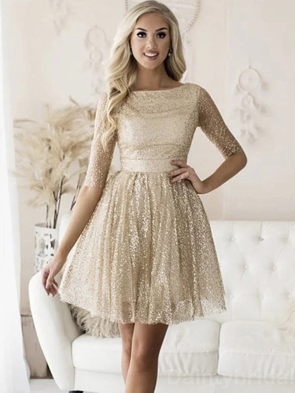 Elegant Straight Neck A-line Half Sleeves Short Homecoming Dresses Online, HD0659