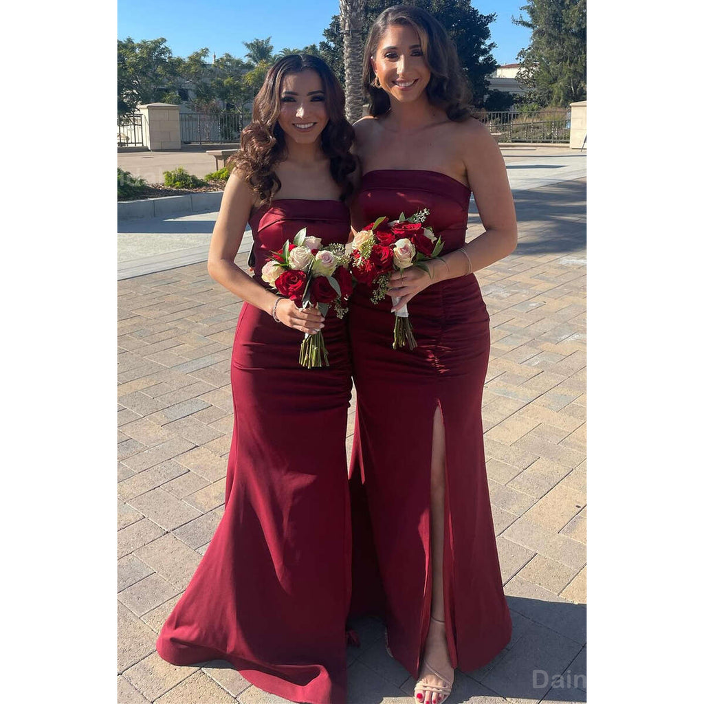 Elegant Straight Neck Mermaid Side Slit Burgundy Satin Long Bridesmaid Dresses Online, BG754