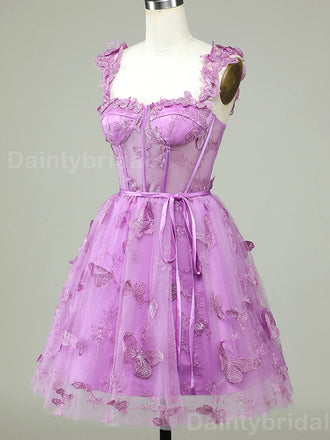 Elegant Spaghetti Straps A-line Tulle Applique Short Homecoming Dresses Online, HD0706