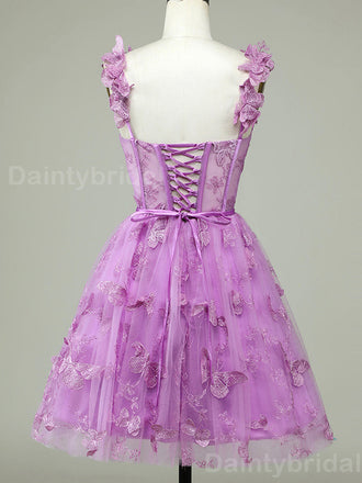 Elegant Spaghetti Straps A-line Tulle Applique Short Homecoming Dresses Online, HD0706