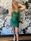 Elegant Spaghetti Straps Mermaid Satin Emerald Short Homecoming Dresses Online, HD0745