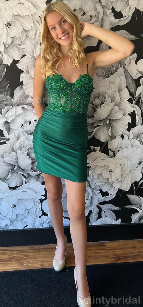Elegant Spaghetti Straps Mermaid Satin Emerald Short Homecoming Dresses Online, HD0745