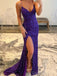 Sparkly Spaghetti Straps V-neck Side Slit Long Evening Prom Dress Online, OL072