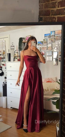 Sexy Spaghetti Strap Square Burgundy Side Slit Maxi Long Mermaid Prom Dress , BG784