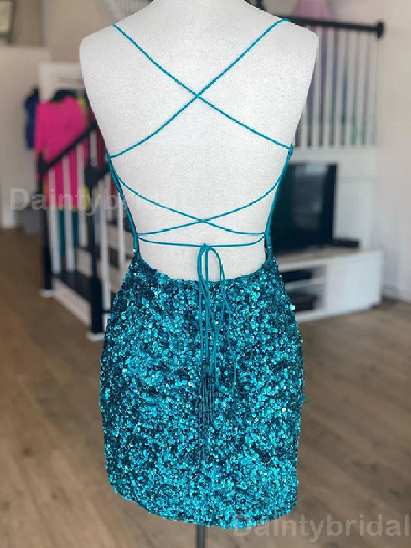 Sparkly Spaghetti Straps Mermaid Sequins Short Homecoming Dresses Online, HD0691