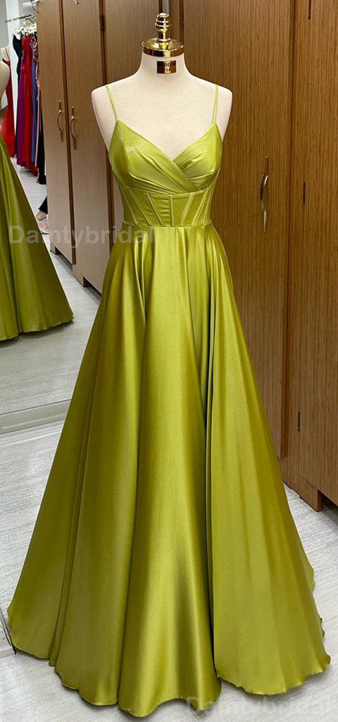 Elegant Spaghetti Straps Satin A-line V-neck Long Evening Prom Dress Online, OL090