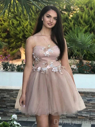 Elegant Spaghetti Straps A-line Tulle Short Homecoming Dresses Online, HD0661