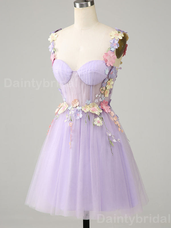 Elegant Spaghetti Straps A-line Tulle Applique Flowers Short Homecoming Dresses Online, HD0707