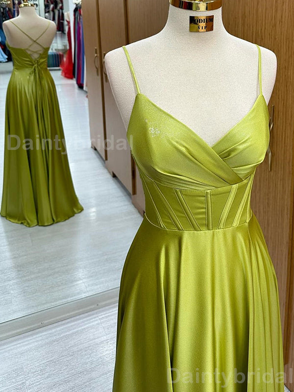 Elegant Spaghetti Straps Satin A-line V-neck Long Evening Prom Dress Online, OL090