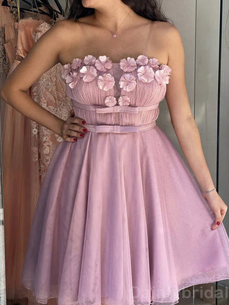 Elegant Spaghetti Straps A-line Tulle Short Flowers Homecoming Dresses Online, HD0662