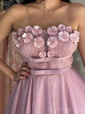 Elegant Spaghetti Straps A-line Tulle Short Flowers Homecoming Dresses Online, HD0662