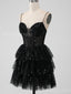 Sparkly Spaghetti Straps V-neck Black Sequins Short Homecoming Dresses Online, HD0708