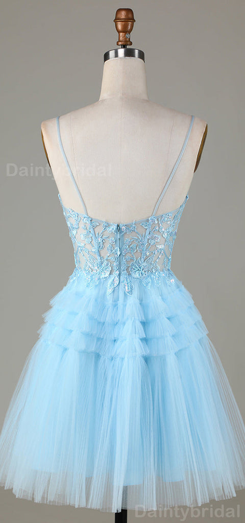 Elegant Spaghetti Straps A-line Tulle Applique Sky Blue Short Homecoming Dresses Online, HD0710