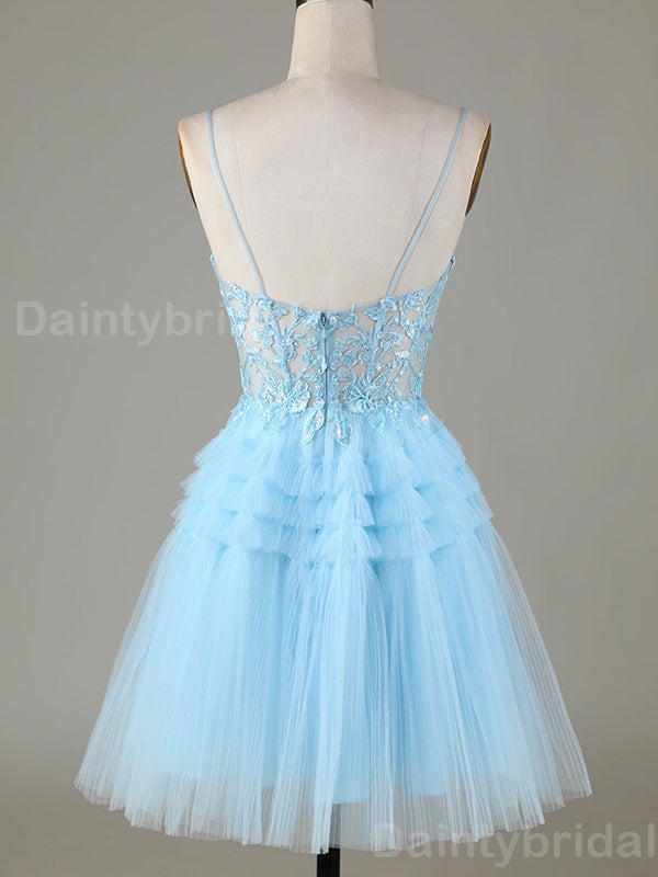 Elegant Spaghetti Straps A-line Tulle Applique Sky Blue Short Homecoming Dresses Online, HD0710