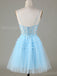 Elegant Spaghetti Straps A-line Tulle Applique Sky Blue Short Homecoming Dresses Online, HD0710