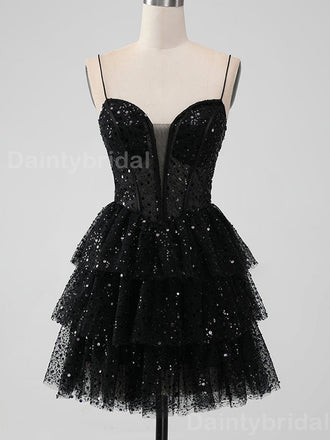 Sparkly Spaghetti Straps V-neck Black Sequins Short Homecoming Dresses Online, HD0708