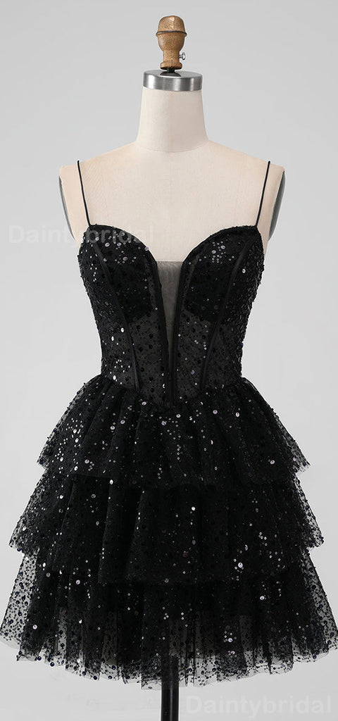 Sparkly Spaghetti Straps V-neck Black Sequins Short Homecoming Dresses Online, HD0708