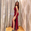 Elegant One Spaghetti Strap Mermaid Side Slit Satin Burgundy Long Bridesmaid Dresses Online, BG759