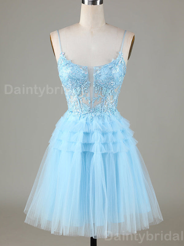 Elegant Spaghetti Straps A-line Tulle Applique Sky Blue Short Homecoming Dresses Online, HD0710