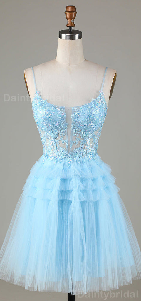 Elegant Spaghetti Straps A-line Tulle Applique Sky Blue Short Homecoming Dresses Online, HD0710